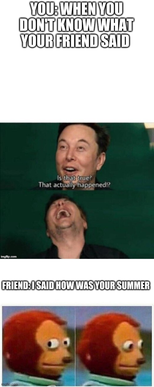 Lol this happened to alot of people lol | YOU: WHEN YOU DON'T KNOW WHAT YOUR FRIEND SAID; FRIEND: I SAID HOW WAS YOUR SUMMER | image tagged in elon musk is that true,memes,monkey puppet | made w/ Imgflip meme maker