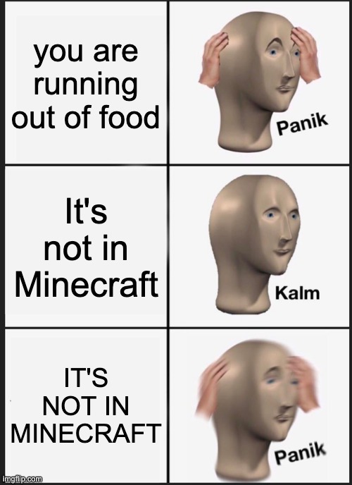 Panik Kalm Panik | you are running out of food; It's not in Minecraft; IT'S NOT IN MINECRAFT | image tagged in memes,panik kalm panik | made w/ Imgflip meme maker