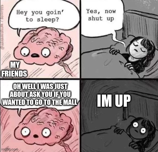 waking up brain | MY FRIENDS; OH WELL I WAS JUST ABOUT ASK YOU IF YOU WANTED TO GO TO THE MALL; IM UP | image tagged in waking up brain | made w/ Imgflip meme maker