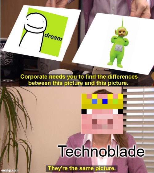 Homeless Green Florida Man = Green Teletubby |  Technoblade | image tagged in memes,they're the same picture | made w/ Imgflip meme maker