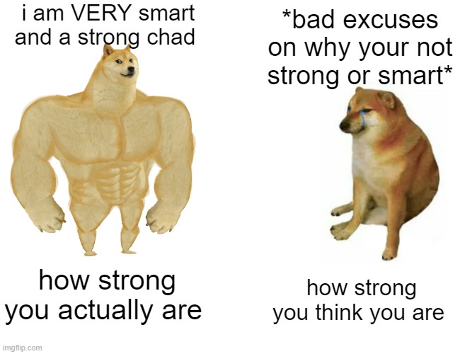 you are a strong smart chad. end of story | i am VERY smart and a strong chad; *bad excuses on why your not strong or smart*; how strong you think you are; how strong you actually are | image tagged in memes,buff doge vs cheems | made w/ Imgflip meme maker