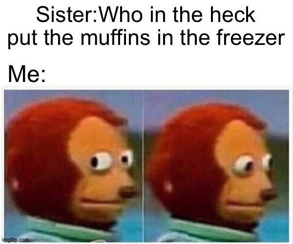 Meme#lazy | Sister:Who in the heck put the muffins in the freezer; Me: | image tagged in memes,monkey puppet | made w/ Imgflip meme maker