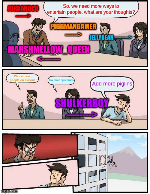 When we try to make a video- | So, we need more ways to entertain people. what are your thoughts? JORDANDCO ------>; PIGGMANGAMER ------>; JELLYBEAN -------->; MARSHMELLOW_QUEEN
<-------; We can ask people on discord; Do more speedruns; Add more piglins; SHULKERBOY --------> | image tagged in memes,boardroom meeting suggestion,minecraft,group chats | made w/ Imgflip meme maker