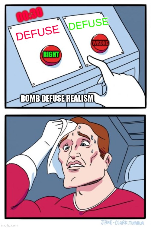 BOMB DEFUSING REALISM | 00:30; DEFUSE; DEFUSE; WRONG; RIGHT; BOMB DEFUSE REALISM | image tagged in memes,two buttons | made w/ Imgflip meme maker