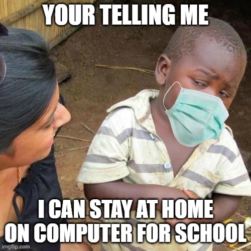online school | YOUR TELLING ME; I CAN STAY AT HOME ON COMPUTER FOR SCHOOL | image tagged in memes,third world skeptical kid | made w/ Imgflip meme maker
