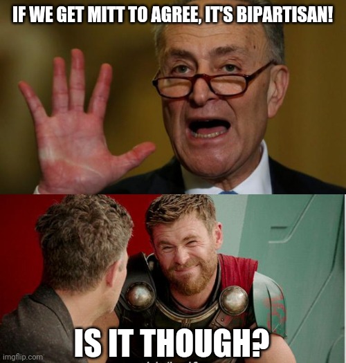 IF WE GET MITT TO AGREE, IT'S BIPARTISAN! IS IT THOUGH? | image tagged in chuck schumer,thor is he though | made w/ Imgflip meme maker