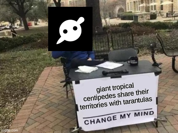 knife party be like: | giant tropical centipedes share their territories with tarantulas | image tagged in memes,change my mind,knife party,centipede | made w/ Imgflip meme maker