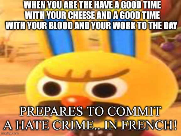 Prepares to commit a hate crime in fench | WHEN YOU ARE THE HAVE A GOOD TIME WITH YOUR CHEESE AND A GOOD TIME WITH YOUR BLOOD AND YOUR WORK TO THE DAY; PREPARES TO COMMIT A HATE CRIME.. IN FRENCH! | image tagged in gaston | made w/ Imgflip meme maker