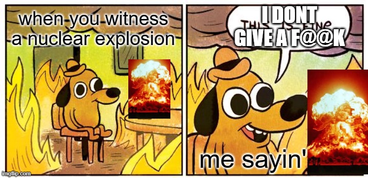 This Is Fine Meme | I DONT GIVE A F@@K; when you witness a nuclear explosion; me sayin' | image tagged in memes,this is fine | made w/ Imgflip meme maker