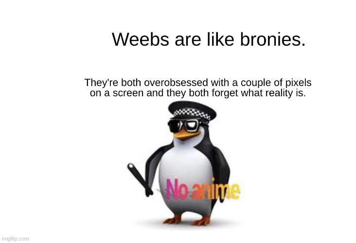 no anime penguin explains weebs and bronies | image tagged in memes,funny | made w/ Imgflip meme maker