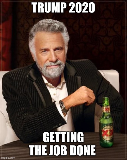 Trump fans only | TRUMP 2020; GETTING THE JOB DONE | image tagged in memes,the most interesting man in the world,trump,donald trump,trump 2020 | made w/ Imgflip meme maker