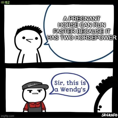 Sir this is a wendys | A PREGNANT HORSE CAN RUN FASTER BECAUSE IT HAS TWO HORSEPOWER | image tagged in sir this is a wendys | made w/ Imgflip meme maker