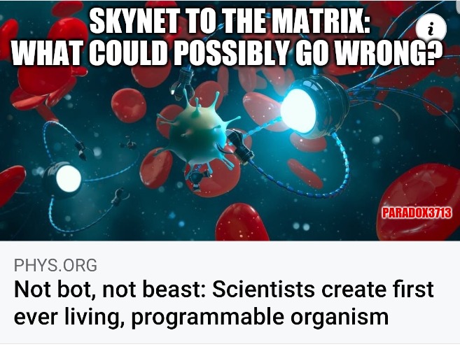 What's next?  A Nanovirus that turns you into a cybernetic can of Spam? |  SKYNET TO THE MATRIX: WHAT COULD POSSIBLY GO WRONG? PARADOX3713 | image tagged in memes,the matrix,skynet,science,dystopia,x-men | made w/ Imgflip meme maker