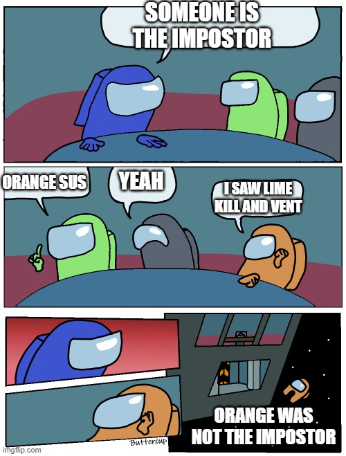 Among Us Meeting | SOMEONE IS THE IMPOSTOR; ORANGE SUS; YEAH; I SAW LIME KILL AND VENT; ORANGE WAS NOT THE IMPOSTOR | image tagged in among us meeting | made w/ Imgflip meme maker