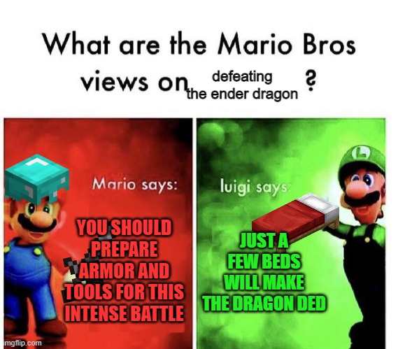 Mario Bros Views | defeating the ender dragon; YOU SHOULD PREPARE ARMOR AND TOOLS FOR THIS INTENSE BATTLE; JUST A FEW BEDS WILL MAKE THE DRAGON DED | image tagged in mario bros views,minecraft,memes,super mario | made w/ Imgflip meme maker
