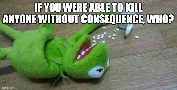 Kermit | IF YOU WERE ABLE TO KILL ANYONE WITHOUT CONSEQUENCE, WHO? | image tagged in kermit overdose | made w/ Imgflip meme maker