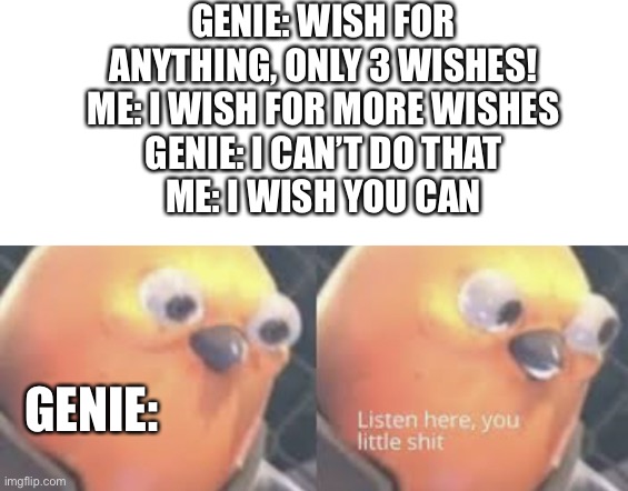 I found this on tik tok but memeified it | GENIE: WISH FOR ANYTHING, ONLY 3 WISHES!
ME: I WISH FOR MORE WISHES
GENIE: I CAN’T DO THAT
ME: I WISH YOU CAN; GENIE: | image tagged in listen here you little shit bird,kinda a repost | made w/ Imgflip meme maker