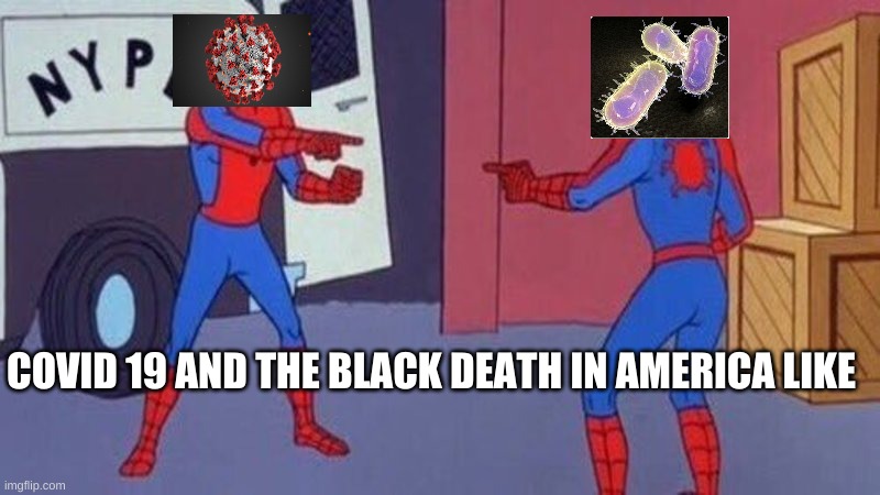 Black death Vs Covid v2 eltric bogalue | COVID 19 AND THE BLACK DEATH IN AMERICA LIKE | image tagged in spiderman pointing at spiderman,covid-19,death,black,dark humor | made w/ Imgflip meme maker