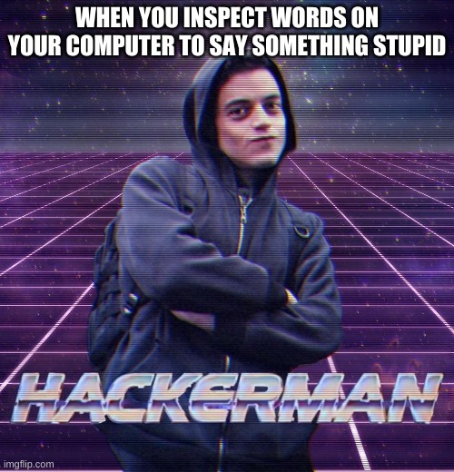 Hackerman | WHEN YOU INSPECT WORDS ON YOUR COMPUTER TO SAY SOMETHING STUPID | image tagged in memes,funny memes,hackerman,computers,hacks | made w/ Imgflip meme maker