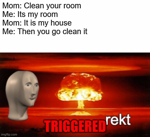 When you trick mom | Mom: Clean your room
Me: Its my room
Mom: It is my house
Me: Then you go clean it; TRIGGERED | image tagged in rekt w/text | made w/ Imgflip meme maker