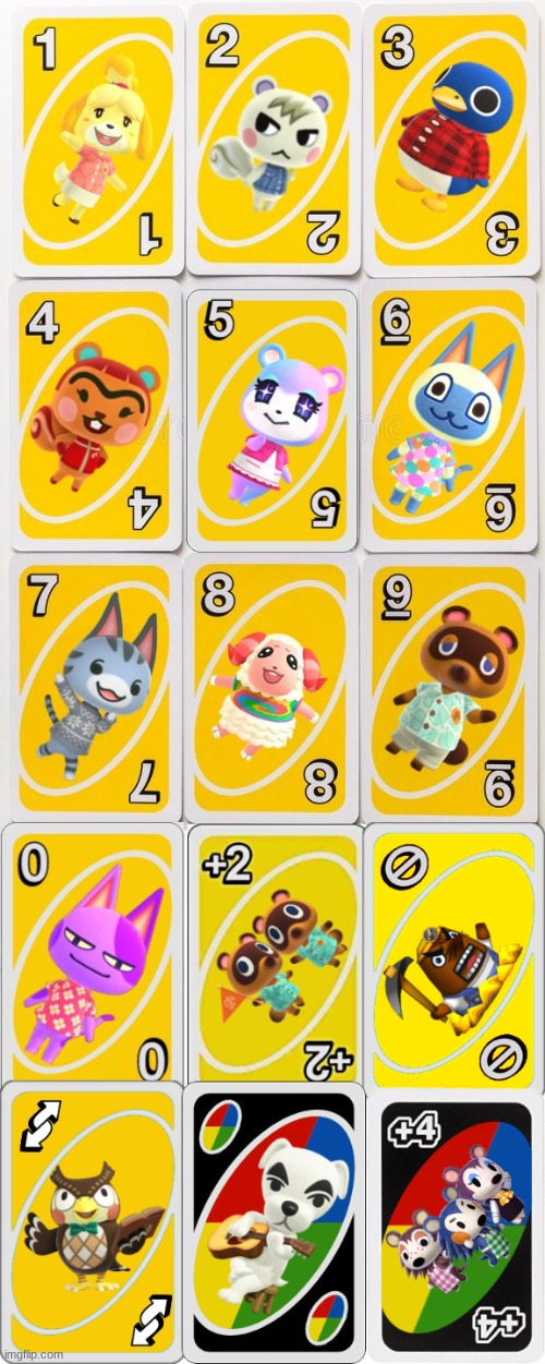 The whole Animal Crossing Uno set! | image tagged in animal crossing uno | made w/ Imgflip meme maker