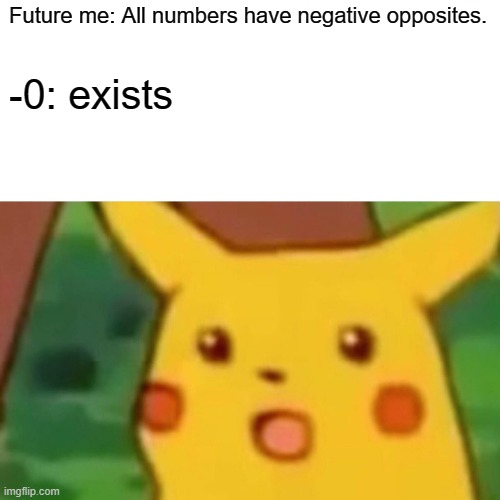 Surprised Pikachu | Future me: All numbers have negative opposites. -0: exists | image tagged in memes,surprised pikachu | made w/ Imgflip meme maker
