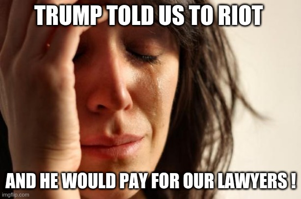 riots | TRUMP TOLD US TO RIOT; AND HE WOULD PAY FOR OUR LAWYERS ! | image tagged in memes,first world problems,riots | made w/ Imgflip meme maker