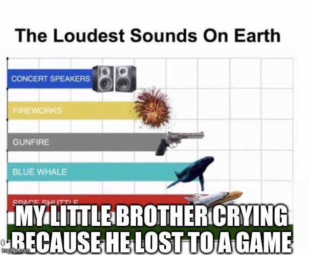 my little brother can make your ears bleed | MY LITTLE BROTHER CRYING BECAUSE HE LOST TO A GAME | image tagged in the loudest sounds on earth | made w/ Imgflip meme maker