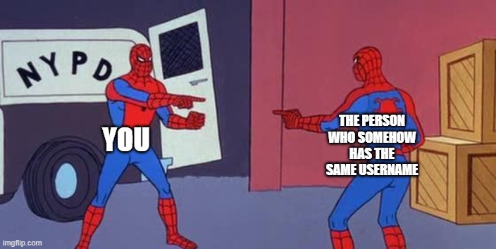 dont know what the title should be lol |  THE PERSON WHO SOMEHOW HAS THE SAME USERNAME; YOU | image tagged in spider man double,user | made w/ Imgflip meme maker