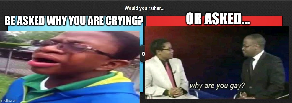 say ur answers in the chat | OR ASKED... BE ASKED WHY YOU ARE CRYING? | image tagged in would you rather,memes,why are you gay | made w/ Imgflip meme maker