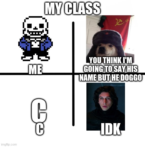 this is my actual class | MY CLASS; YOU THINK I'M GOING TO SAY HIS NAME BUT HE DOGGO; ME; C; C; IDK | image tagged in memes,blank starter pack | made w/ Imgflip meme maker