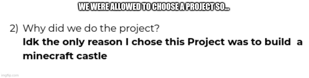 WE WERE ALLOWED TO CHOOSE A PROJECT SO... | made w/ Imgflip meme maker