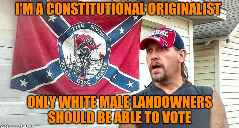 Right Wing Dumbass | I'M A CONSTITUTIONAL ORIGINALIST; ONLY WHITE MALE LANDOWNERS SHOULD BE ABLE TO VOTE | image tagged in right wing dumbass,gop hypocrite,confederate flag,rebel | made w/ Imgflip meme maker