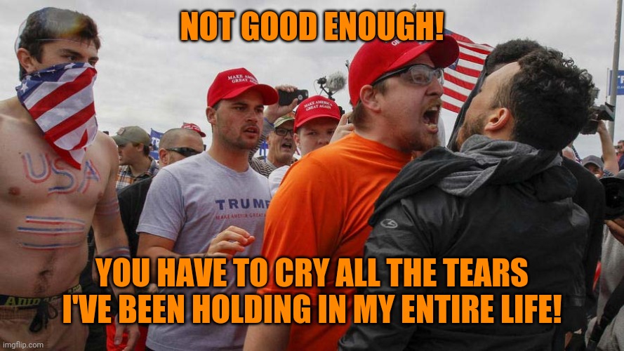 Angry Red Cap | NOT GOOD ENOUGH! YOU HAVE TO CRY ALL THE TEARS I'VE BEEN HOLDING IN MY ENTIRE LIFE! | image tagged in angry red cap | made w/ Imgflip meme maker