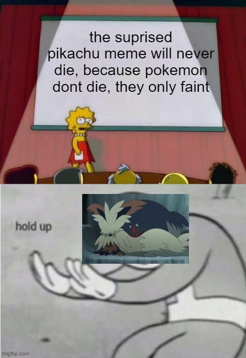 the suprised pikachu meme will never die, because pokemon dont die, they only faint | image tagged in lisa simpson's presentation | made w/ Imgflip meme maker