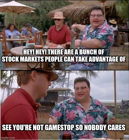 shoulda capitalised on the moment |  HEY! HEY! THERE ARE A BUNCH OF STOCK MARKETS PEOPLE CAN TAKE ADVANTAGE OF; SEE YOU'RE NOT GAMESTOP SO NOBODY CARES | image tagged in memes,see nobody cares,gamestop | made w/ Imgflip meme maker