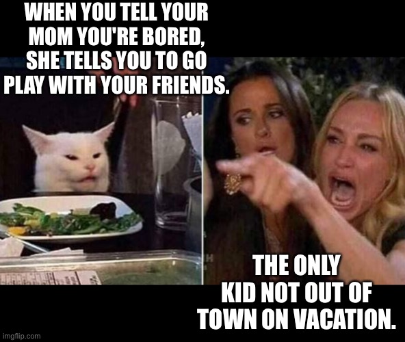Smudge vacation. | WHEN YOU TELL YOUR MOM YOU'RE BORED, SHE TELLS YOU TO GO PLAY WITH YOUR FRIENDS. THE ONLY KID NOT OUT OF TOWN ON VACATION. | image tagged in reverse smudge and karen | made w/ Imgflip meme maker