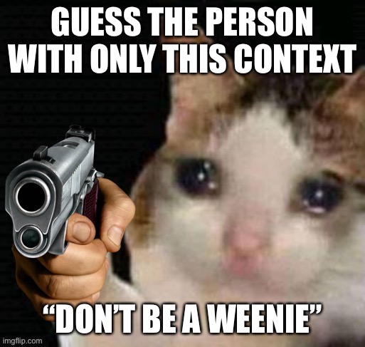 Sad cat pointing gun | GUESS THE PERSON WITH ONLY THIS CONTEXT; “DON’T BE A WEENIE” | image tagged in sad cat pointing gun | made w/ Imgflip meme maker