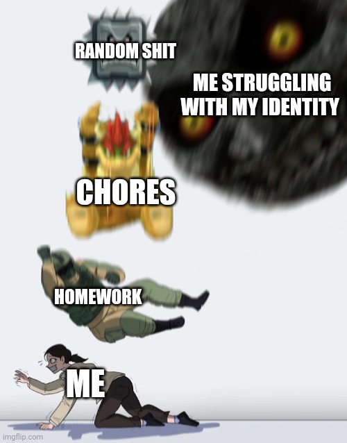 Help me | RANDOM SHIT; ME STRUGGLING WITH MY IDENTITY; CHORES; HOMEWORK; ME | image tagged in crushing combo | made w/ Imgflip meme maker
