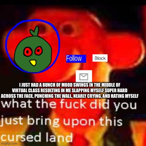 =) | I JUST HAD A BUNCH OF MOOD SWINGS IN THE MIDDLE OF VIRTUAL CLASS RESULTING IN ME SLAPPING MYSELF SUPER HARD ACROSS THE FACE, PUNCHING THE WALL, NEARLY CRYING, AND HATING MYSELF | made w/ Imgflip meme maker