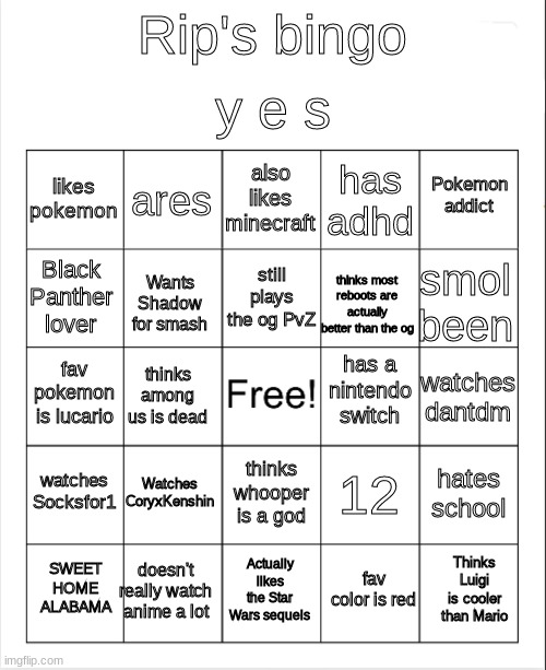 *laughs in nobody relates* | y e s; Rip's bingo; also likes minecraft; ares; Pokemon addict; likes pokemon; has adhd; still plays the og PvZ; Black Panther lover; smol been; thinks most reboots are actually better than the og; Wants Shadow for smash; has a nintendo switch; fav pokemon is lucario; watches dantdm; thinks among us is dead; watches Socksfor1; Watches CoryxKenshin; hates school; 12; thinks whooper is a god; doesn't really watch anime a lot; Thinks Luigi is cooler than Mario; SWEET HOME ALABAMA; Actually likes the Star Wars sequels; fav color is red | image tagged in blank bingo | made w/ Imgflip meme maker