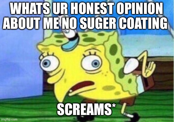 A A U G H H H HUFEEYHEFEYNFEYNFNYEFEFEFEF- | WHATS UR HONEST OPINION ABOUT ME NO SUGER COATING; SCREAMS* | image tagged in memes,mocking spongebob | made w/ Imgflip meme maker