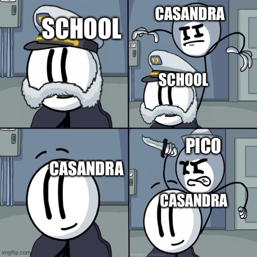 Casandra go bye bye | CASANDRA; SCHOOL; SCHOOL; CASANDRA; PICO; CASANDRA | image tagged in henry stickmin,pico,newgrounds | made w/ Imgflip meme maker