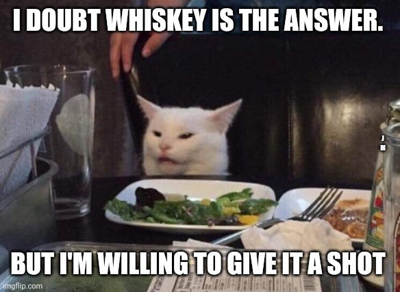 Salad cat | I DOUBT WHISKEY IS THE ANSWER. J M; BUT I'M WILLING TO GIVE IT A SHOT | image tagged in salad cat | made w/ Imgflip meme maker