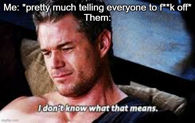 I don't know what that means | Me: *pretty much telling everyone to f**k off*
Them: | image tagged in i don't know what that means | made w/ Imgflip meme maker