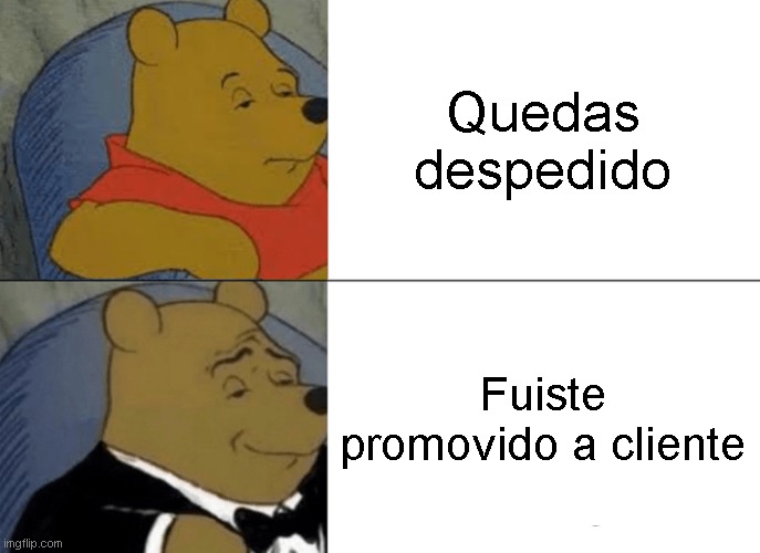 Tuxedo Winnie The Pooh Meme | Quedas despedido; Fuiste promovido a cliente | image tagged in memes,tuxedo winnie the pooh | made w/ Imgflip meme maker