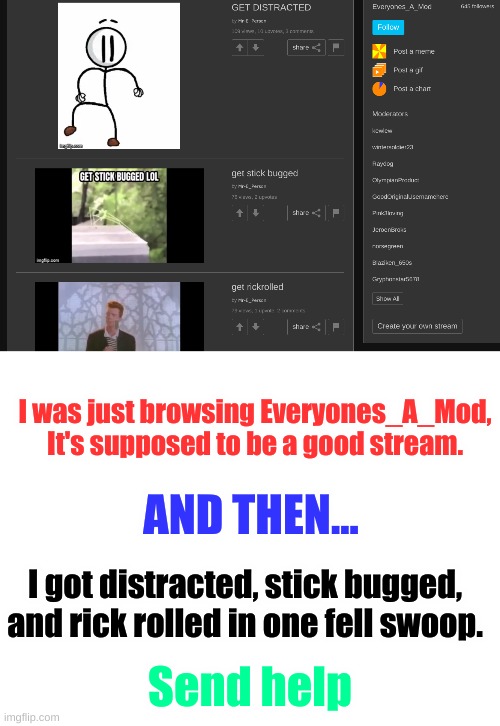 I don't know about you, but I'd consider this VERY unlucky. | I was just browsing Everyones_A_Mod, It's supposed to be a good stream. AND THEN... I got distracted, stick bugged, and rick rolled in one fell swoop. Send help | image tagged in blank white template | made w/ Imgflip meme maker