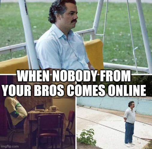 Sad Pablo Escobar Meme | WHEN NOBODY FROM YOUR BROS COMES ONLINE | image tagged in memes,sad pablo escobar | made w/ Imgflip meme maker