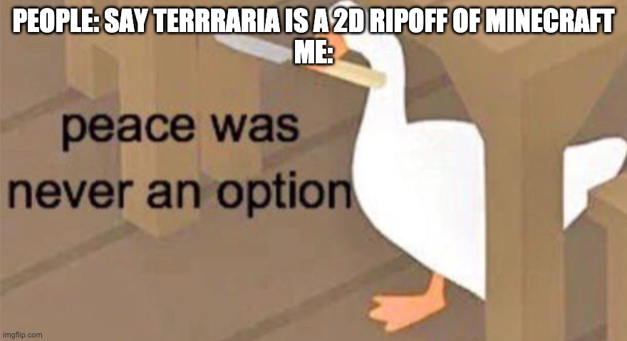 Untitled Goose Peace Was Never an Option | PEOPLE: SAY TERRRARIA IS A 2D RIPOFF OF MINECRAFT
ME: | image tagged in untitled goose peace was never an option | made w/ Imgflip meme maker