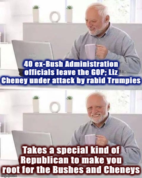 Imagine that | 40 ex-Bush Administration officials leave the GOP; Liz Cheney under attack by rabid Trumpies; Takes a special kind of Republican to make you root for the Bushes and Cheneys | image tagged in memes,hide the pain harold,george bush,dick cheney,republicans,trump to gop | made w/ Imgflip meme maker